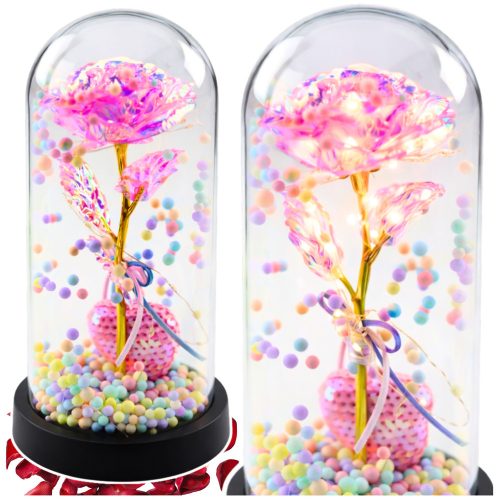 Örök Rózsa Kupolában LED Világítással Rózsaszín Szívvel és Golyókkal