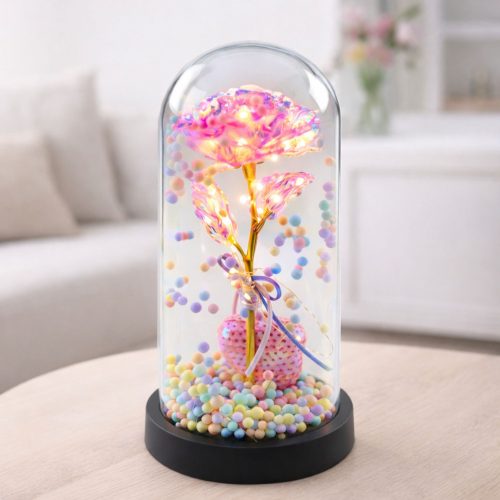 Örök Rózsa Kupolában LED Világítással Rózsaszín Szívvel és Golyókkal