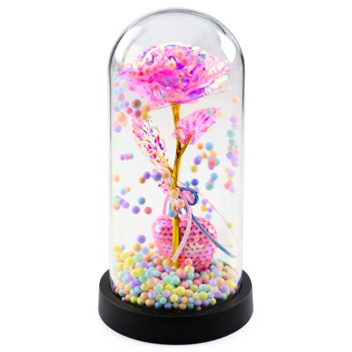 Örök Rózsa Kupolában LED Világítással Rózsaszín Szívvel és Golyókkal