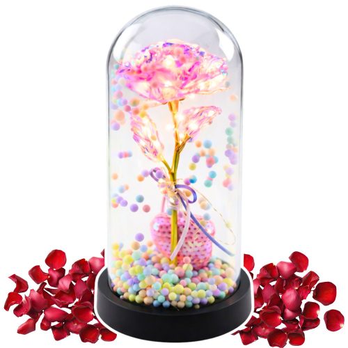 Örök Rózsa Kupolában LED Világítással Rózsaszín Szívvel és Golyókkal