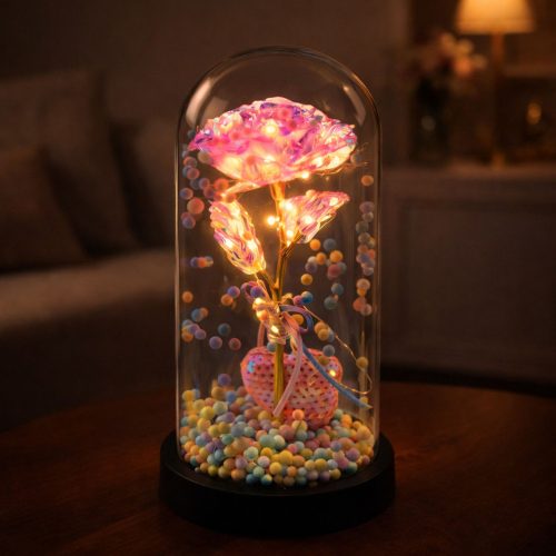 Örök Rózsa Kupolában LED Világítással Rózsaszín Szívvel és Golyókkal