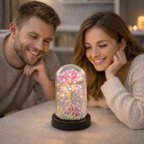 Örök Rózsa Kupolában LED Világítással Rózsaszín Szívvel és Golyókkal