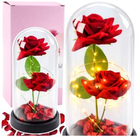   Örök 2 Rózsa Kupolában LED Világítással és Rózsaszirmokkal Piros 21x11cm