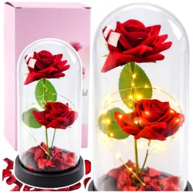   Örök 2 Rózsa Kupolában LED Világítással és Rózsaszirmokkal Piros 21x11cm
