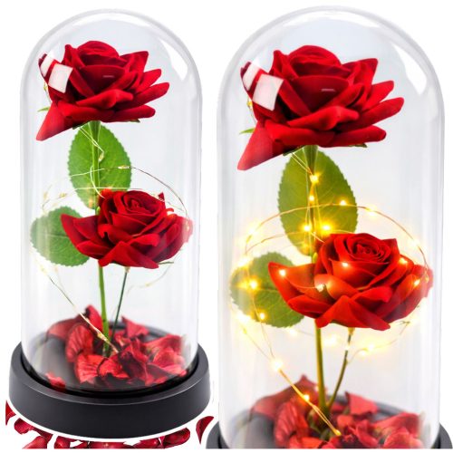 Örök 2 Rózsa Kupolában LED Világítással és Rózsaszirmokkal Piros 21x11cm