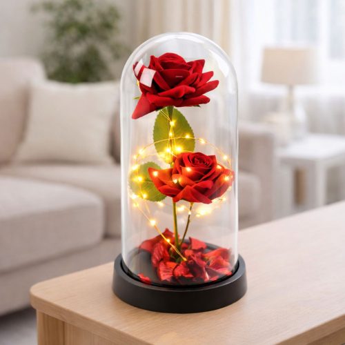 Örök 2 Rózsa Kupolában LED Világítással és Rózsaszirmokkal Piros 21x11cm