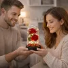 Örök 2 Rózsa Kupolában LED Világítással és Rózsaszirmokkal Piros 21x11cm