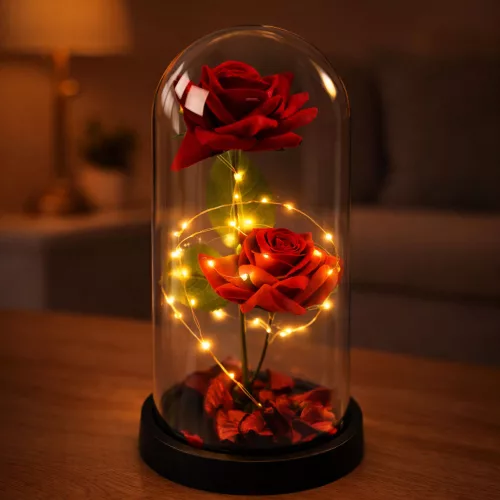 Örök 2 Rózsa Kupolában LED Világítással és Rózsaszirmokkal Piros 21x11cm
