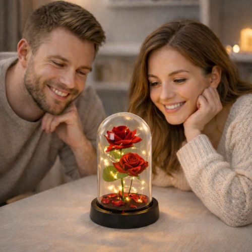 Örök 2 Rózsa Kupolában LED Világítással és Rózsaszirmokkal Piros 21x11cm