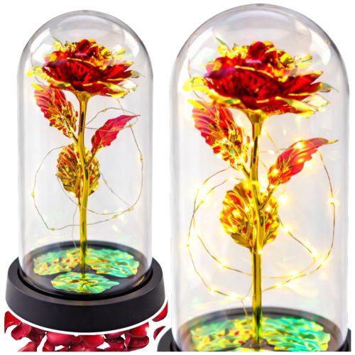 Örök Rózsa Üveg Kristálykupolában LED Világítás Piros 21x11cm