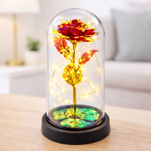Örök Rózsa Üveg Kristálykupolában LED Világítás Piros 21x11cm