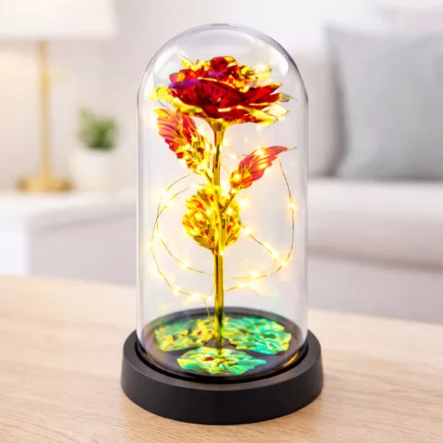 Örök Rózsa Üveg Kristálykupolában LED Világítás Piros 21x11cm