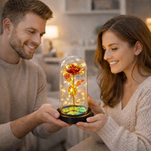 Örök Rózsa Üveg Kristálykupolában LED Világítás Piros 21x11cm