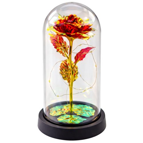 Örök Rózsa Üveg Kristálykupolában LED Világítás Piros 21x11cm