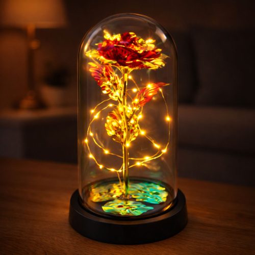 Örök Rózsa Üveg Kristálykupolában LED Világítás Piros 21x11cm