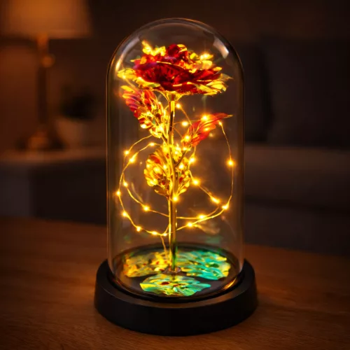Örök Rózsa Üveg Kristálykupolában LED Világítás Piros 21x11cm