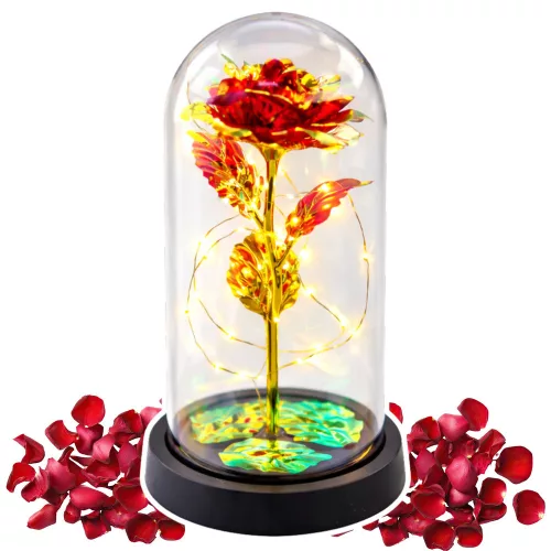 Örök Rózsa Üveg Kristálykupolában LED Világítás Piros 21x11cm