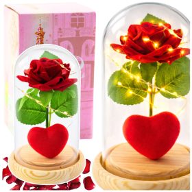   Örök Rózsa Kupolában LED Világítással Piros Szívvel 14x8cm