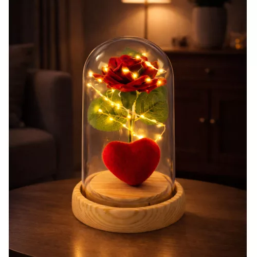 Örök Rózsa Kupolában LED Világítással Piros Szívvel 14x8cm