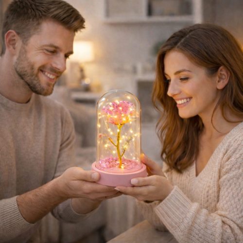 Örök Kristály Rózsa Kupolában LED Világítással Rózsaszín 14x8cm