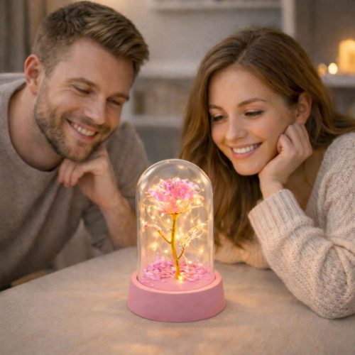 Örök Kristály Rózsa Kupolában LED Világítással Rózsaszín 14x8cm