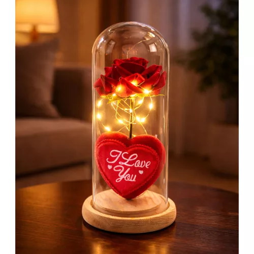 Örök Rózsa Kupolában LED Világítással Piros Szívvel 18.5x8cm