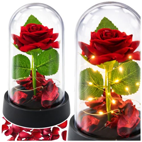 Örök Rózsa Kupolában LED Világítással Piros Rózsaszirmokkal 14x8cm