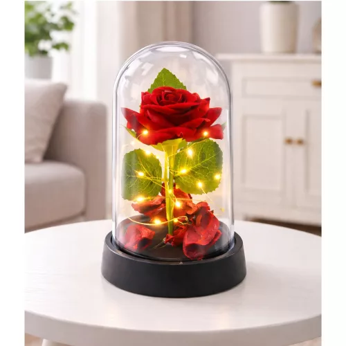Örök Rózsa Kupolában LED Világítással Piros Rózsaszirmokkal 14x8cm