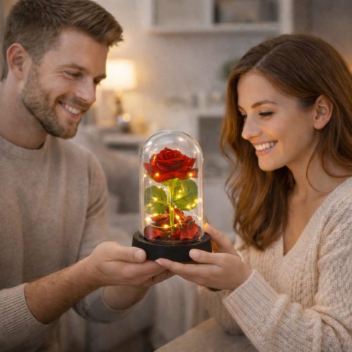 Örök Rózsa Kupolában LED Világítással Piros Rózsaszirmokkal 14x8cm