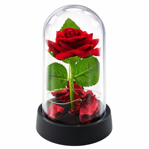 Örök Rózsa Kupolában LED Világítással Piros Rózsaszirmokkal 14x8cm