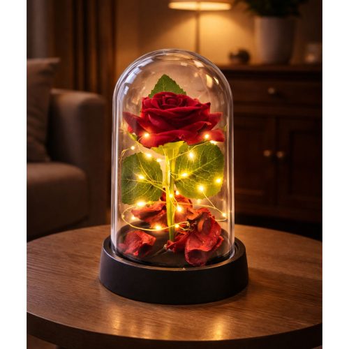 Örök Rózsa Kupolában LED Világítással Piros Rózsaszirmokkal 14x8cm