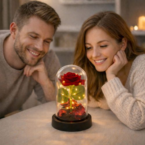 Örök Rózsa Kupolában LED Világítással Piros Rózsaszirmokkal 14x8cm