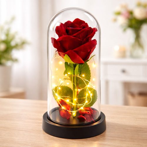 Örök Rózsa Kupolában LED Világítással Piros 21x11cm