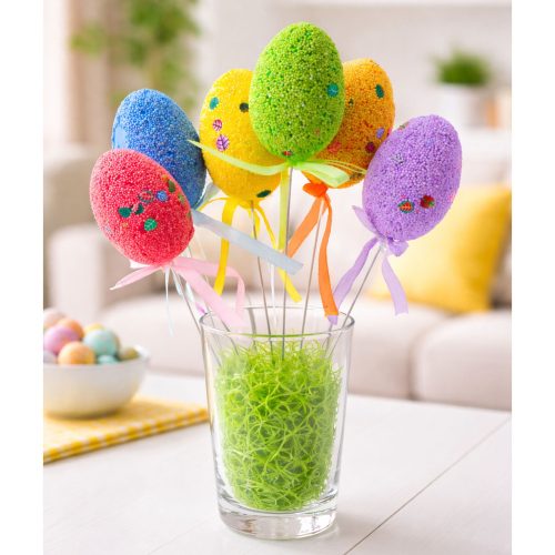 Húsvéti tojások drótszedőn színes levelek szalagdísz 6db