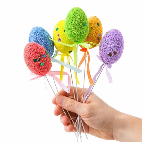 Húsvéti tojások drótszedőn színes levelek szalagdísz 6db