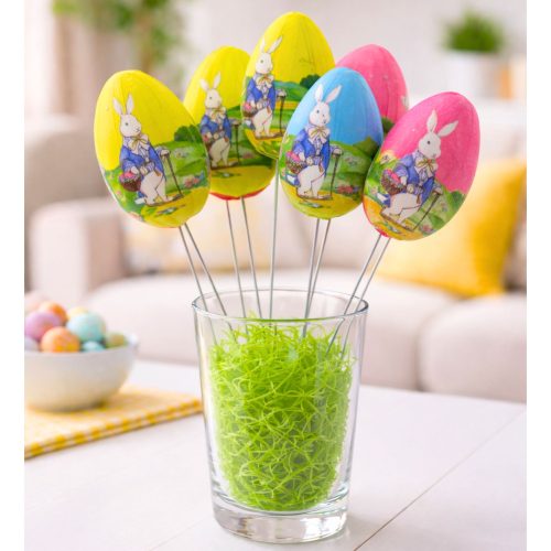 Húsvéti tojások drótszedő nyuszi kosárdíszítéssel 6db