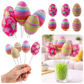   Húsvéti tojások dróton Pick Pontok Virágok Csíkok Dekoráció Színes 6db