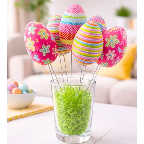 Húsvéti tojások dróton Pick Pontok Virágok Csíkok Dekoráció Színes 6db