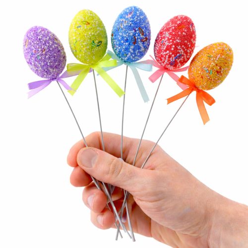 Húsvéti tojások dróton, színes mintás szalagdíszítés 6db A