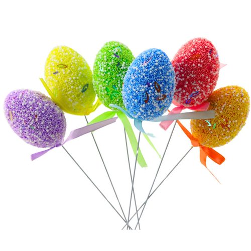 Húsvéti tojások dróton, színes mintás szalagdíszítés 6db A