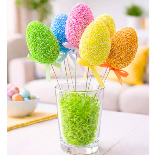 Húsvéti tojások dróton, színes mintás szalagdíszítés 6 db B