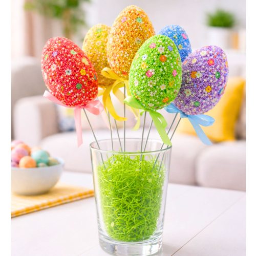 Húsvéti tojások dróton Pick színes fehér mintás szalagdísz 6db