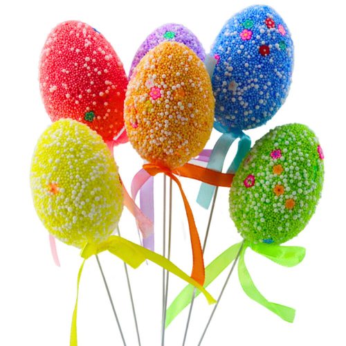 Húsvéti tojások dróton Pick színes fehér mintás szalagdísz 6db