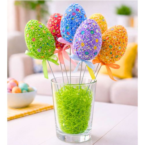 Húsvéti tojások drótszedőn színes levelek szalagdíszítés 5db