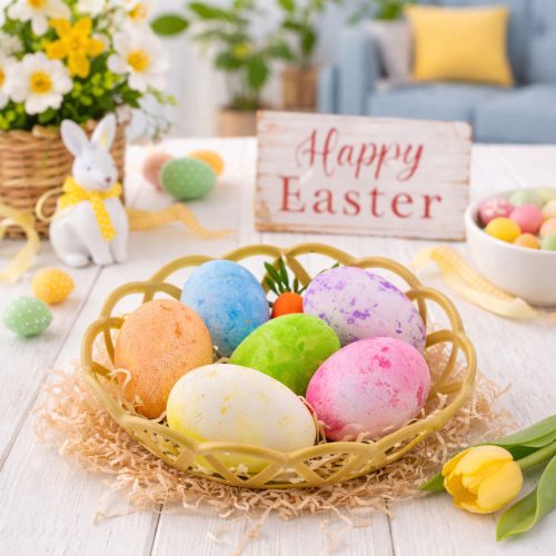 Húsvéti díszek kosárban tojások sárgarépa színes 7db