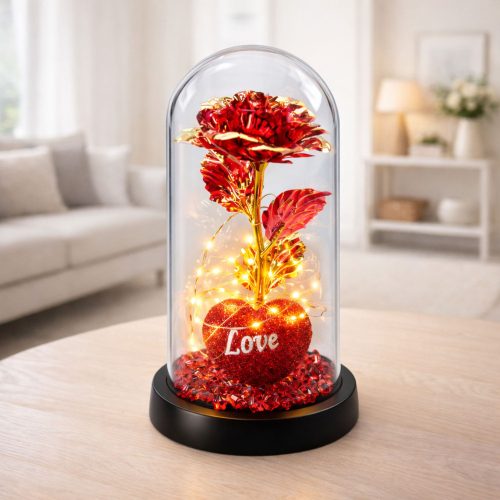 Örök Rózsa Kupolában LED Világítással Szív Gyöngyökkel Piros 21x11cm