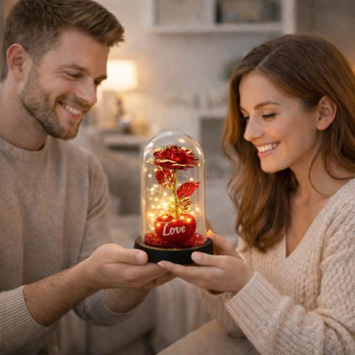 Örök Rózsa Kupolában LED Világítással Szív Gyöngyökkel Piros 21x11cm