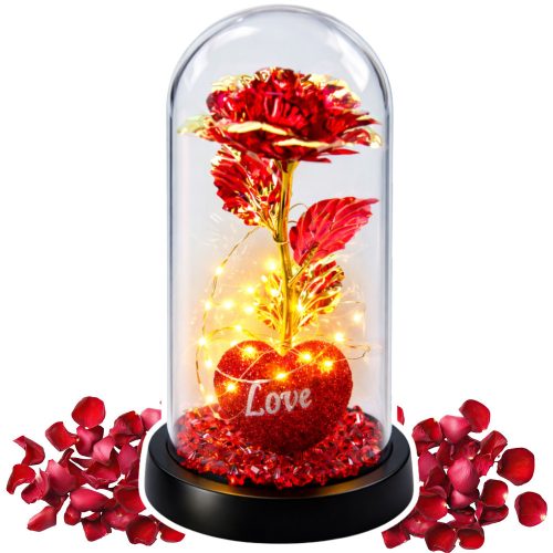 Örök Rózsa Kupolában LED Világítással Szív Gyöngyökkel Piros 21x11cm