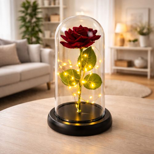 Örök Rózsa Kupolában LED Világítással Piros 21x11cm