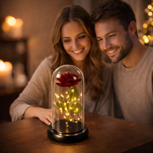 Örök Rózsa Kupolában LED Világítással Piros 21x11cm